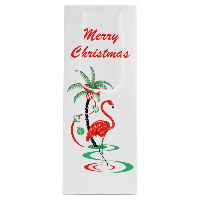 Sac Cadeau Pour Bouteille Flamant rose de Noël rouge Joyeux vin de Noël (Devant)