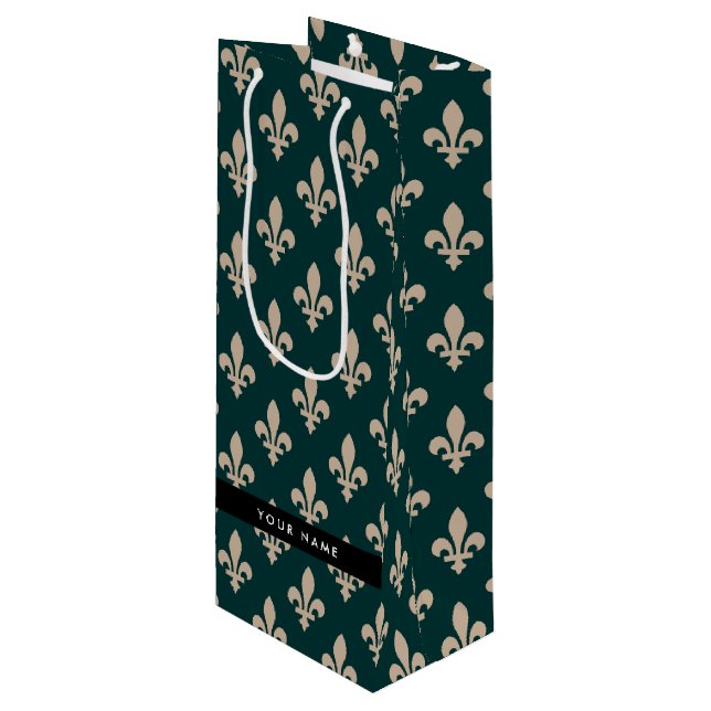 Sac Cadeau Pour Bouteille Fleur de Lis, Beige on Green, Royal, Your Name (Devant Angle)