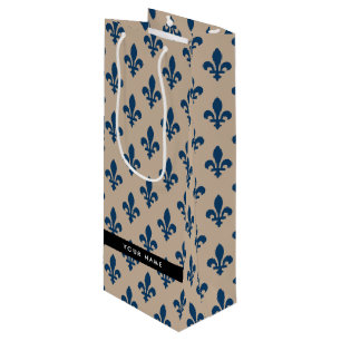 Sac Cadeau Pour Bouteille Fleur de Lis, Bleu Marine sur Beige, Royal, Votre