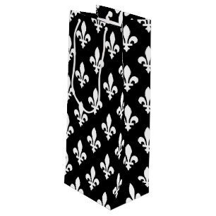 Sac Cadeau Pour Bouteille Fleur de Lis Motif, Royal French, Blanc sur Noir