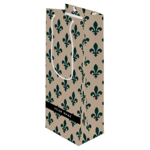 Sac Cadeau Pour Bouteille Fleur de Lis, Vert sur Beige, Royal, Votre Nom