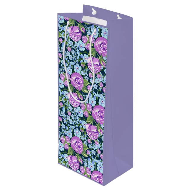 Sac Cadeau Pour Bouteille Fleurs à motifs floraux en fleurs bleues violettes (Dos Angle)