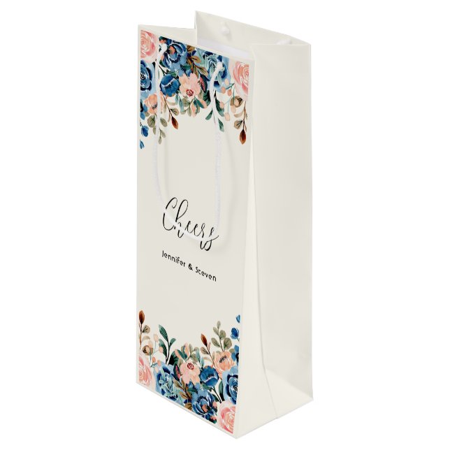 Sac Cadeau Pour Bouteille Fleurs Aquarelles Roses & Bleues Bravo! (Devant Angle)