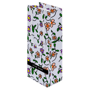 Sac Cadeau Pour Bouteille Fleurs Colorées, Fond Bleu, Noir