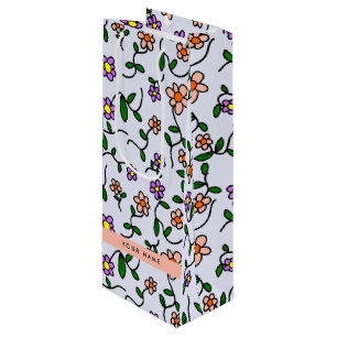 Sac Cadeau Pour Bouteille Fleurs Colorées, Fond Bleu, Orange