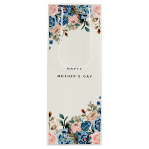 Sac Cadeau Pour Bouteille Fleurs d'aquarelle rose et bleu
