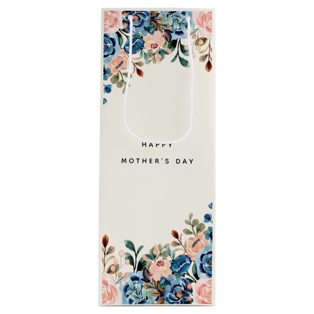 Sac Cadeau Pour Bouteille Fleurs d'aquarelle rose et bleu (Devant)