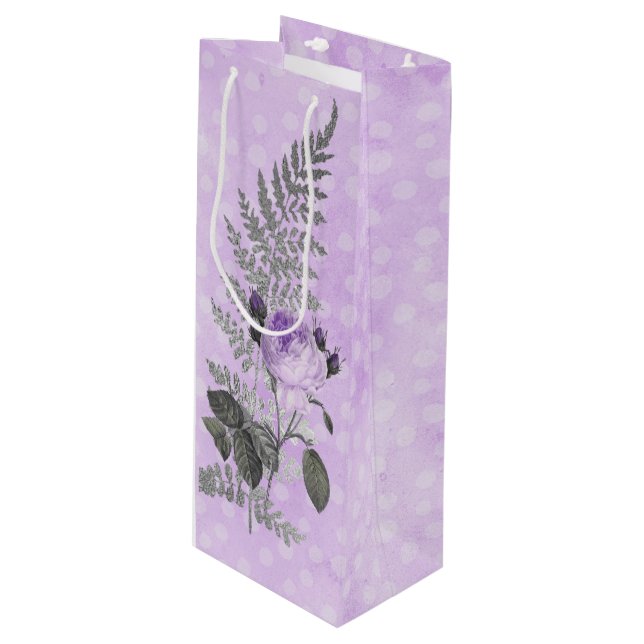 SAC CADEAU POUR BOUTEILLE FLEURS D'ARGENT NOIR ROSE (Devant Angle)