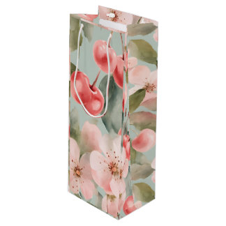 Sac Cadeau Pour Bouteille Fleurs de cerisier et cerises Art de printemps