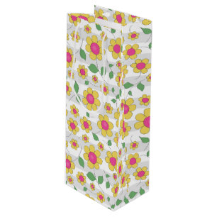 Sac Cadeau Pour Bouteille Fleurs enfants rose jaune heureux Doodles de print