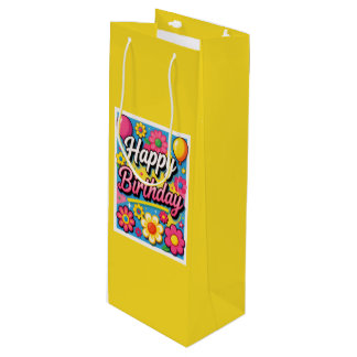 Sac Cadeau Pour Bouteille Fleurs et ballons jaunes de joyeux anniversaire lu