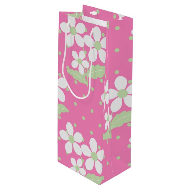 SAC CADEAU POUR BOUTEILLE FLEURS JOURNÉES BLANCHES VERTES ROSES (Devant Angle)