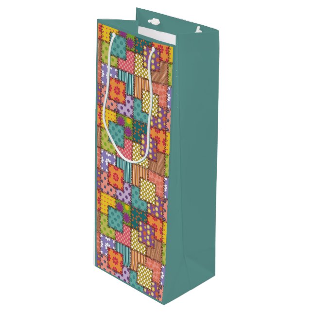 Sac Cadeau Pour Bouteille Fleurs Motifs Patchwork Polka Dot Stripe (Devant Angle)