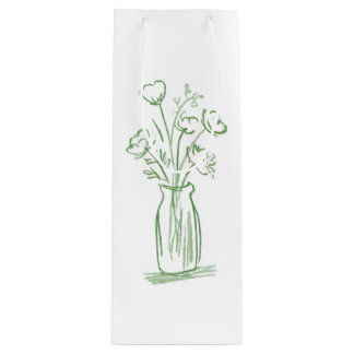 Sac Cadeau Pour Bouteille Fleurs Vertes | Cadeau Botanique Minimal Dessiné à
