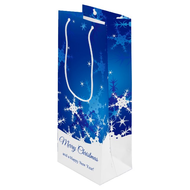 Sac Cadeau Pour Bouteille Flocons de neige bleus d'hiver de Noël (Devant Angle)