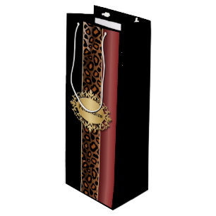 Sac Cadeau Pour Bouteille Garnet rouge et Motif léopard noir
