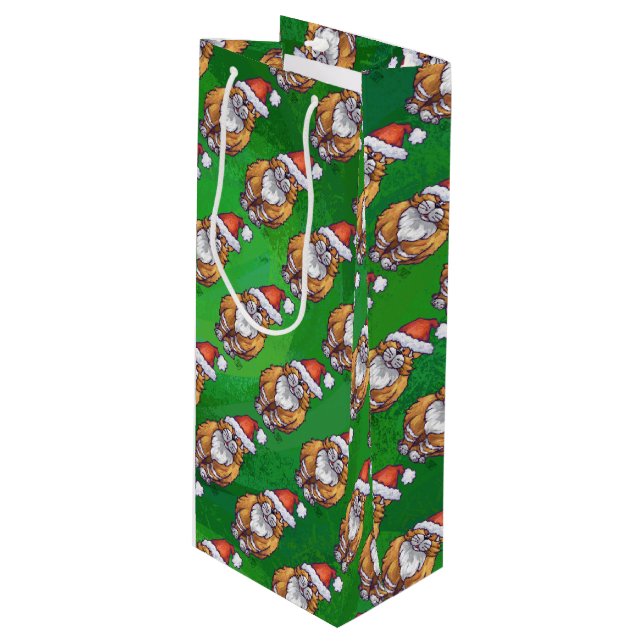 Sac Cadeau Pour Bouteille Ginger Chat Noël Sur Vert (Devant Angle)