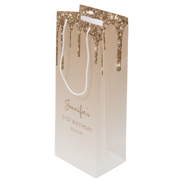 Sac Cadeau Pour Bouteille Glitter Drip 21e Anniversaire Or (Devant Angle)