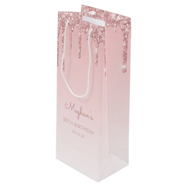 Sac Cadeau Pour Bouteille Glitter Drip 30e Anniversaire Rose (Devant Angle)