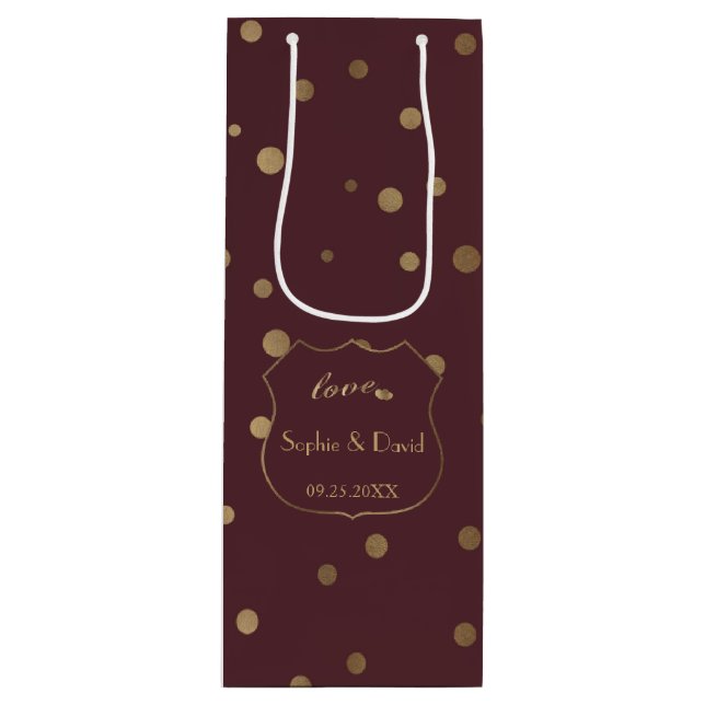 Sac Cadeau Pour Bouteille Gold Confetti Love Bourgogne Mariage (Devant)