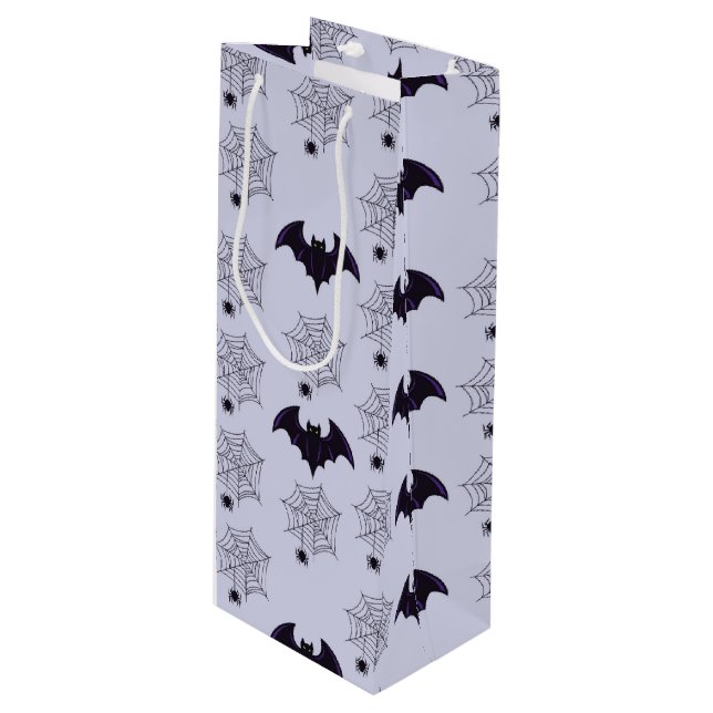 SAC CADEAU POUR BOUTEILLE GRAY & NOIR HALLOWEEN SPIDER WEBS BATS (Devant Angle)