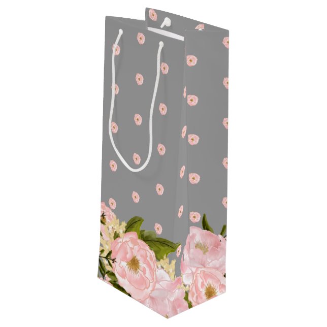 Sac Cadeau Pour Bouteille Gris | Blush Pink Peonies Mariage (Dos Angle)