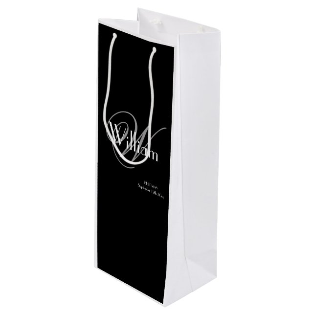 Sac Cadeau Pour Bouteille Gris Classique Monogramme Écriture Blanche Meilleu (Devant Angle)