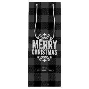 Sac Cadeau Pour Bouteille Gris et noir Buffalo Check Noël rustique