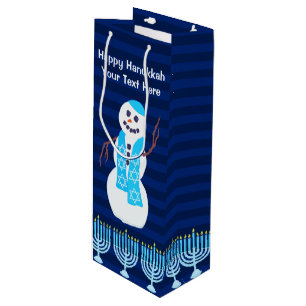 Sac Cadeau Pour Bouteille Hanoukka Juif Snowman Et Blue Menorah Tall