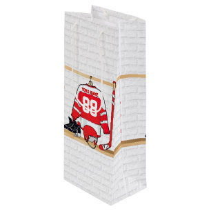 Sac Cadeau Pour Bouteille Hockey sur glace rouge et blanc personnalisé