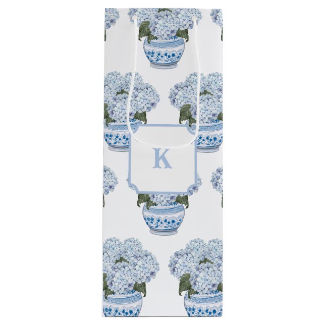 Sac Cadeau Pour Bouteille Hortensias bleus dans un pot de style chinoiserie (Devant)