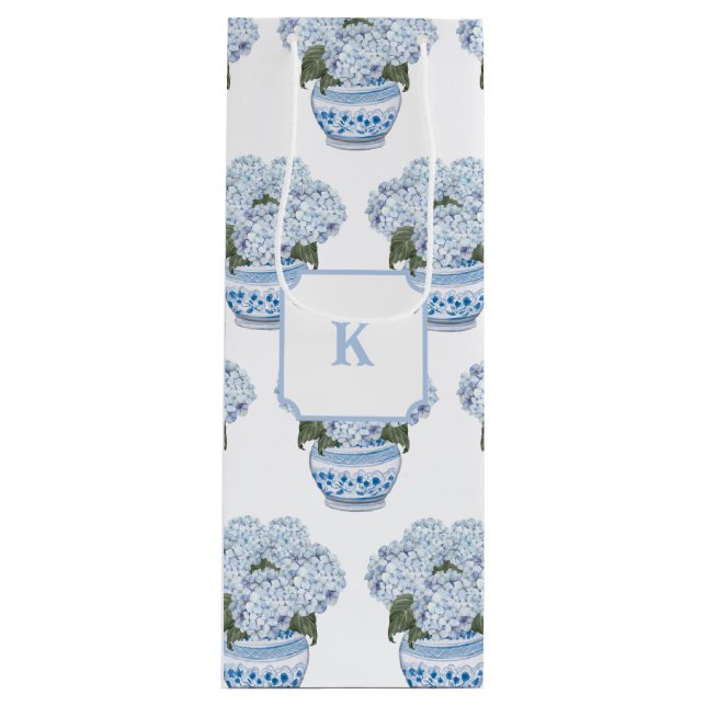 Sac Cadeau Pour Bouteille Hydrangées bleues en Chinoiserie Pot (Devant)