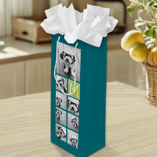 Sac Cadeau Pour Bouteille Instagram Photo Collage Monogramme - Bleu et chaux