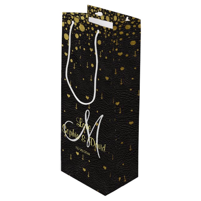 Sac Cadeau Pour Bouteille Invitations pour mariages | Monogramme Gold Confet (Devant Angle)