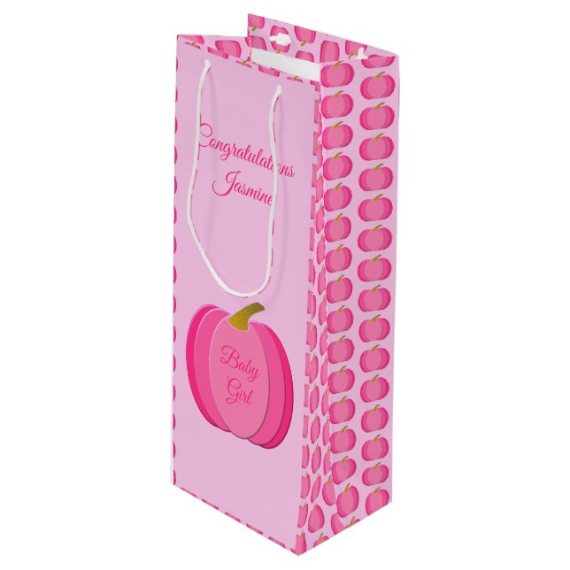 Sac Cadeau Pour Bouteille Joli bébé rose fille Citrouille Personnalisé Nouve (Devant Angle)