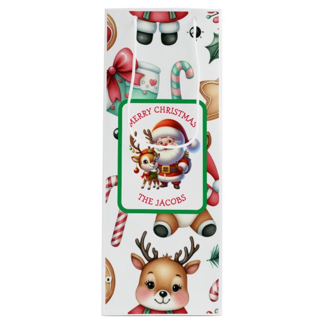 Sac Cadeau Pour Bouteille Joli Père Noël et Reindeer Noël personnalisé (Devant)