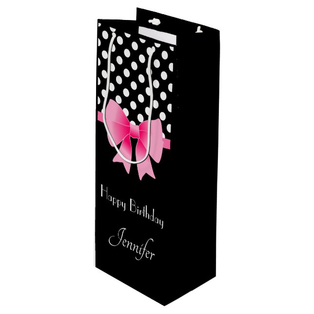 Sac Cadeau Pour Bouteille Joli Ruban Rose Script Joyeux Anniversaire (Devant Angle)