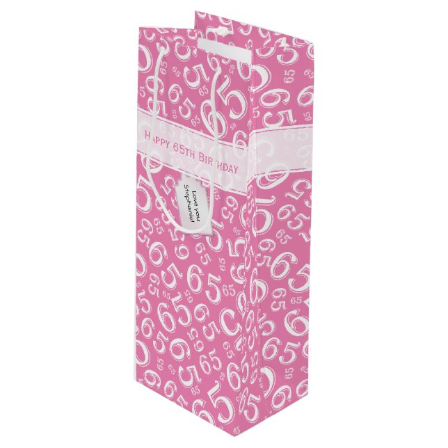 Sac Cadeau Pour Bouteille Joyeux 65e anniversaire Numéro Motif rose et blanc (Devant Angle)