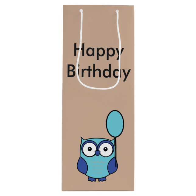 Sac Cadeau Pour Bouteille Joyeux Anniversaire Hibou bleu et Aqua (Devant)