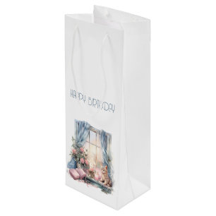 Sac Cadeau Pour Bouteille Joyeux Anniversaire Hiver Bleu rose Vitre victorie