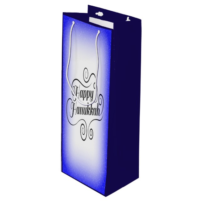 Sac Cadeau Pour Bouteille Joyeux Hanukkah Fond Bleu Blanc 2 tons (Devant Angle)