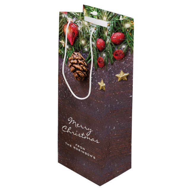 Sac Cadeau Pour Bouteille Joyeux Noël rustique personnalisé (Devant Angle)