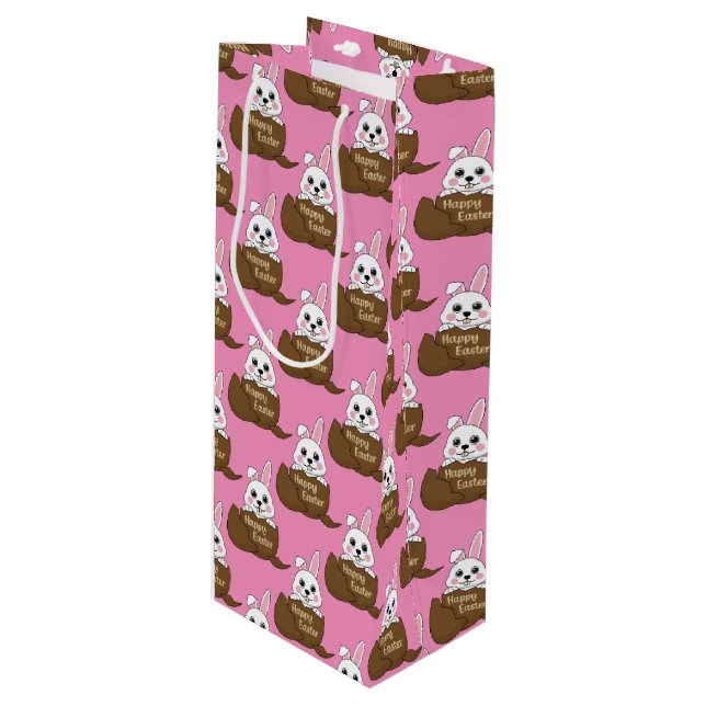 Sac Cadeau Pour Bouteille Lapin blanc dans l'oeuf au chocolat Joyeux Motif d (Devant Angle)