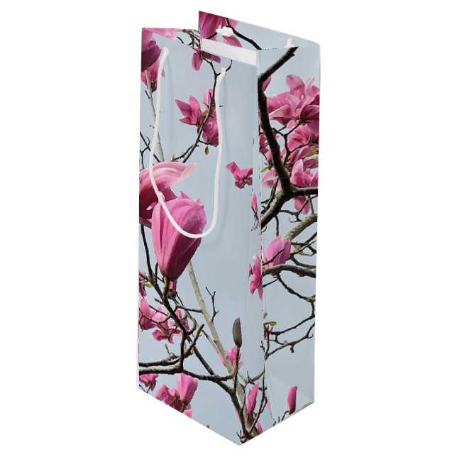Sac Cadeau Pour Bouteille L'Élégant Magnolia Rose Fleurit Un Hanami Pacifiqu (Devant Angle)