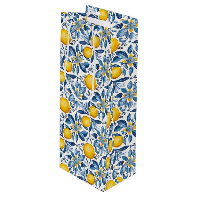Sac Cadeau Pour Bouteille Lemon Botanical Blue and Yellow Summer Print (Devant Angle)