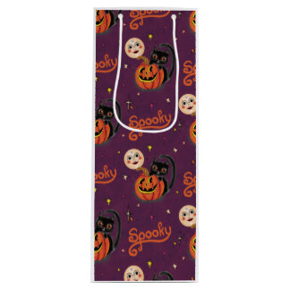 Sac Cadeau Pour Bouteille Lunes Citrouilles rétro Éffrayant Kitten sur le po