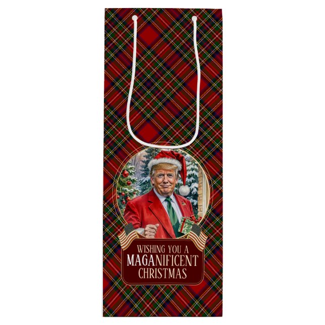 Sac Cadeau Pour Bouteille MAGA Christmas Tartan Plaid Père Noël Trump (Devant)