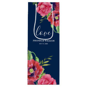 Sac Cadeau Pour Bouteille Mariage Favor Fleurs rouges et roses Marine noire