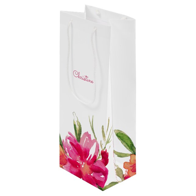 Sac Cadeau Pour Bouteille Mariage floral Fuchsia vert (Devant Angle)