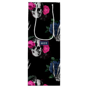 Sac Cadeau Pour Bouteille Mariage gothique bleu marine et rose floral